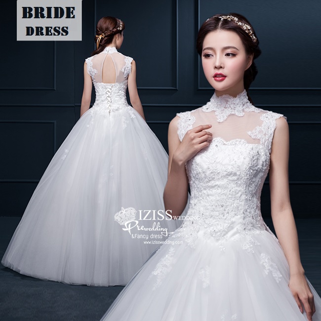 BR156 **พรีออเดอร์**ชุดแต่งงาน&ชุดเจ้าสาวแบบยาวสีขาวเกรดพรีเมี่ยม แขนกุด ช่วงอกซีทรู ริมแขนตกแต่งลูกไม้ หรูหราน่ารัก สวยโดดเด่นไม่ซ้ำใคร