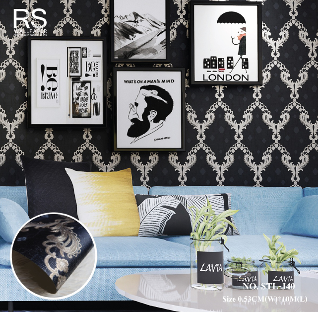 วอลเปเปอร์ลายหลุยส์สีทองเงิน พื้นสีน้ำเงินดำ No.STL-J40