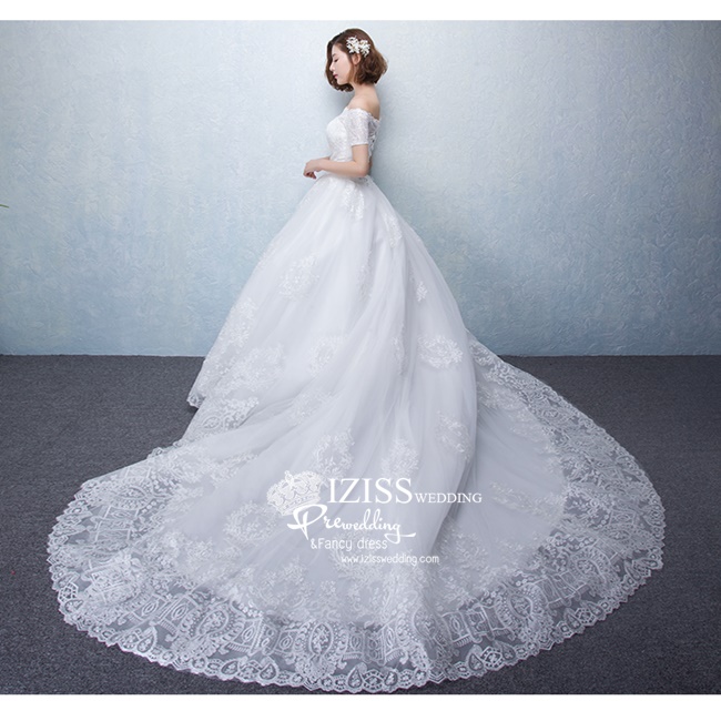 ฺBR117 **พรีออเดอร์**ชุดแต่งงาน&ชุดเจ้าสาวแบบยาวสีขาวเกรดพรีเมี่ยม เปิดไหล่ มีแขน หรูหราน่ารัก สวยโดดเด่นไม่ซ้ำใคร