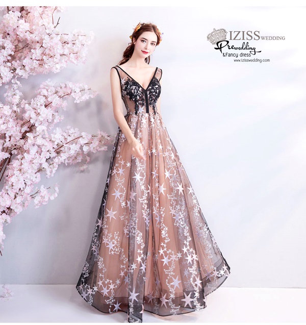 DL075 - **พรีออเดอร์** ชุดราตรี เดรสยาวออกงาน (Night party dresses) ชุดไปงานแต่งงานสวยๆ "ธีมสีกรมแต่งดอก 3D"