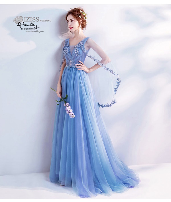 DL036 - **พรีออเดอร์** ชุดราตรี เดรสยาวออกงาน (Night party dresses) ชุดไปงานแต่งงานสวยๆ "ธีมสีฟ้าครามแต่งดอก 3D"