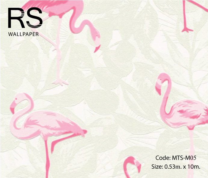 วอลเปเปอร์ลายนกฟามิงโก้สีชมพูพื้นเป็นใบไม้สีขาว MTS-M05