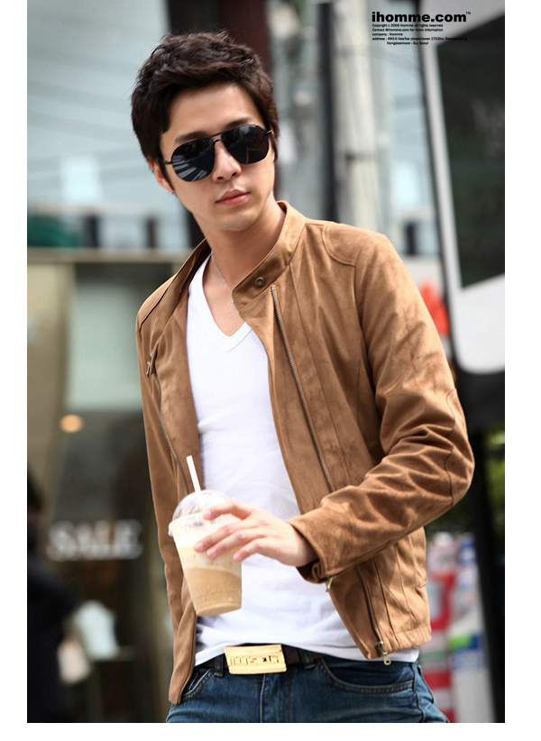 เสื้อแจ๊กเก็ตผู้ชาย พร้อมส่ง คอจีน สีน้ำตาล แขนผ่าซิป แต่งบ่า ซิปหน้า