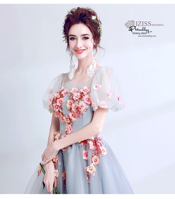 DL039 - **พรีออเดอร์** ชุดราตรี เดรสยาวออกงาน (Night party dresses) ชุดไปงานแต่งงานสวยๆ "ธีมสีเทาแต่งดอก 3D"