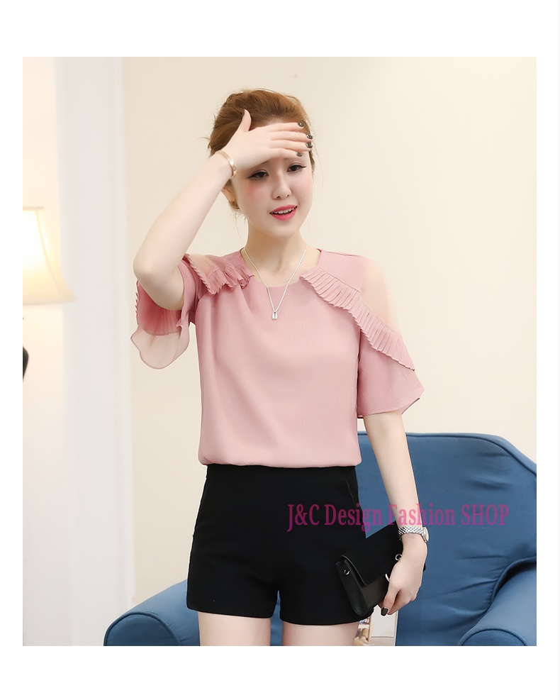 เสื้อทำงานชีฟองสีชมพูกระปิแต่งผ้าอัดพรีทแขนเว้าผ้ามุ้ง เสื้อชีฟองแต่งพรีทสีชมพูกระปิ เสื้อทำงานเกาหลีคอแต่งโบว์ เสื้อสมัครงาน ชุดสมัครงาน เสื้อใส่กับผ้าถุง เสื้อใส่กับผ้าซิ่น