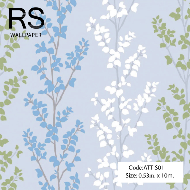 วอลเปเปอร์ลายก้านใบไม้สีฟ้า เขียว ขาว พื้นสีม่วงอมเทา ATT-S01