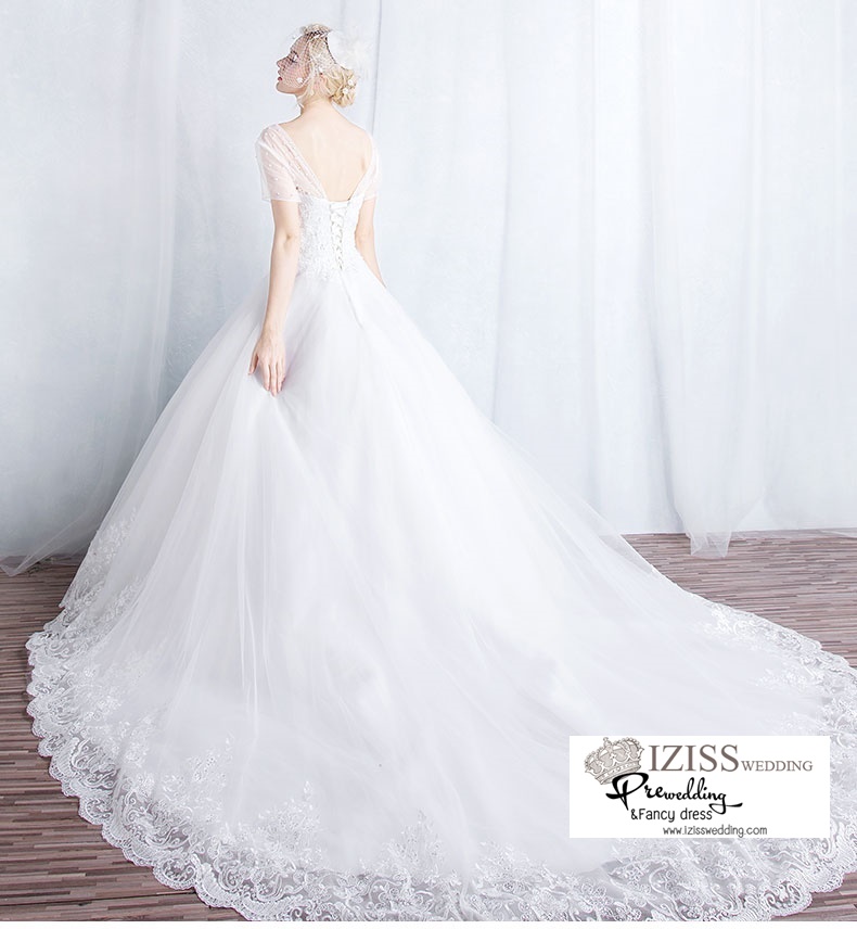 ฺBR112 **พรีออเดอร์**ชุดแต่งงาน&ชุดเจ้าสาวแบบยาวสีขาวเกรดพรีเมี่ยม แขนสั้นแต่งมุก หรูหราน่ารัก สวยโดดเด่นไม่ซ้ำใคร