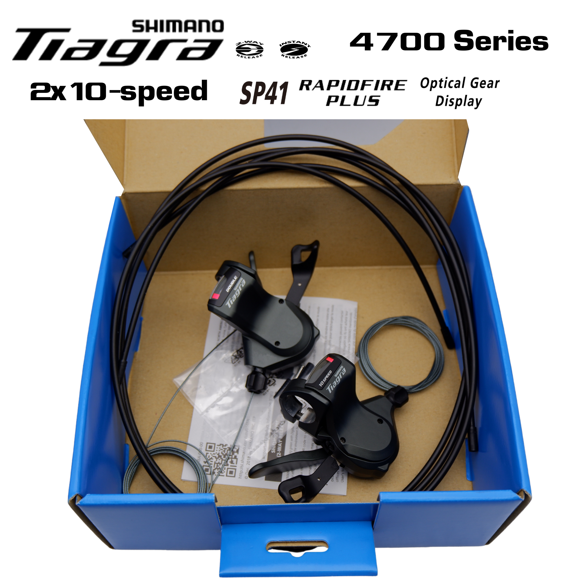 มือเกียร์จักรยานเสือหมอบแฮนด์ตรง SHIMANO TIAGRA, SL4700, รุ่นจาน 2 ชั้น, ใส่แฮนด์ตรง, 10-SPD, พร้อมสาย (มีกล่อง)