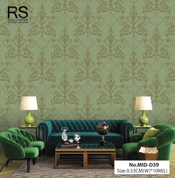 วอลเปเปอร์ ลายหลุยส์วินเทจ สีน้ำตาล พื้นสีเขียว No.MID-D39