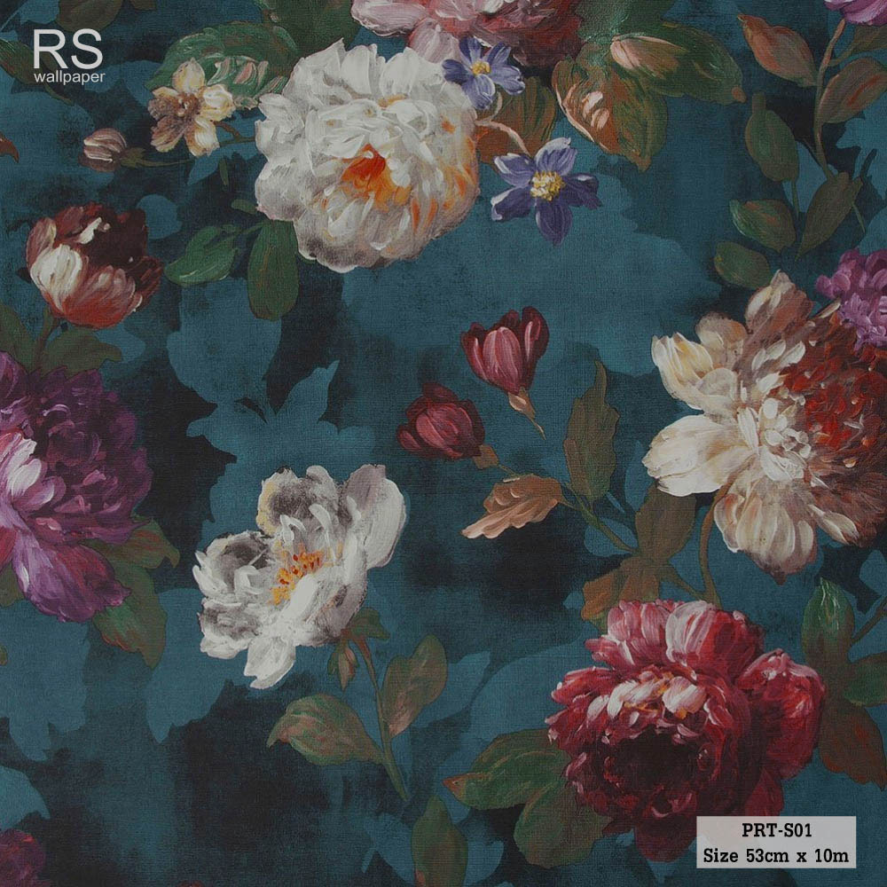 วอลเปเปอร์ ลายดอกไม้ พื้นสีน้ำเงินฟ้า PRT-S01