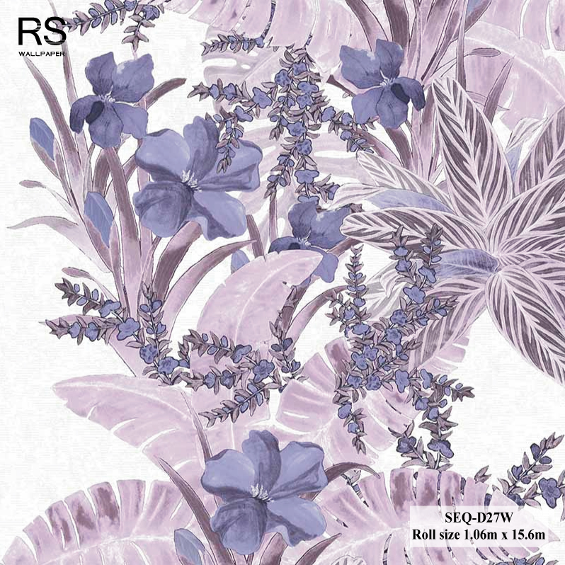 วอลเปเปอร์ลายดอกไม้ สีน้ำเงินใบสีม่วง พื้นสีขาวอมเทา SEQ-D27W