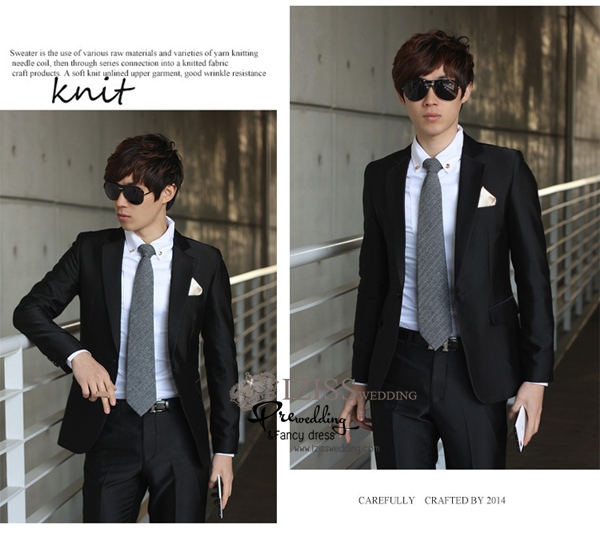 ST054- **พร้อมส่ง**สูทผู้ชายสีดำมันวาว แขนยาว แบบกระดุม2กระดุม พร้อมกางเกง ชุดสูทเจ้าบ่าว สูทแฟนซี ถ่ายพรีเวดดิ้ง & ชุดแต่งงานแฟนซี (Fancy wedding dress) สูทผู้ชายสีดำมันวาว
