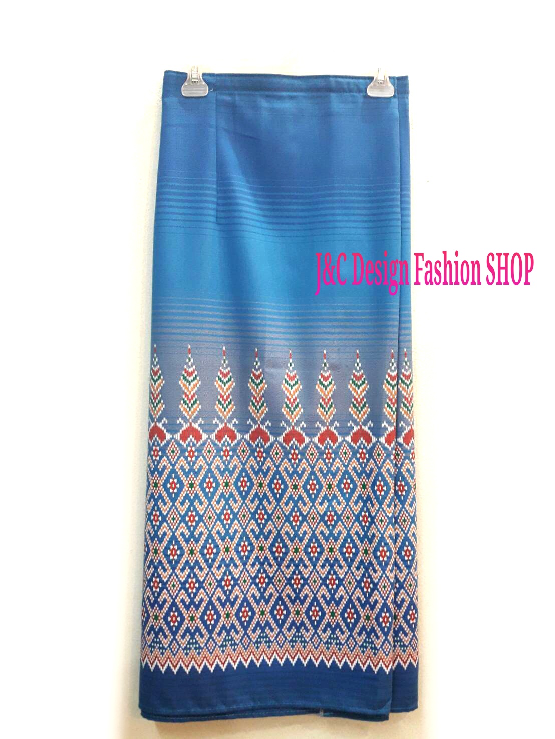 ผ้าซิ่นสำเร็จรูปผ้าซิ่นผ้าฝ้ายสีฟ้าลายลูกแก้วในตัว แบบป้ายติดตะขอ ผ้าถุงสำเร็จรูปสีฟ้า ผ้าฝ้ายลายมัดหมี่อิสานสำเร็จสำเร็จรูป