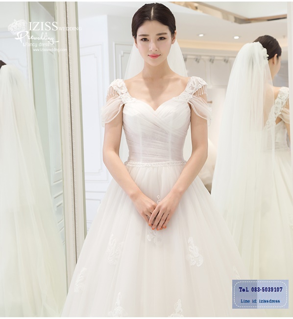 BR185 **พรีออเดอร์**ชุดแต่งงาน&ชุดเจ้าสาวแบบยาวสีขาวเกรดพรีเมี่ยม เปิดไหล่ มีแขน หรูหราน่ารัก สวยโดดเด่นไม่ซ้ำใคร