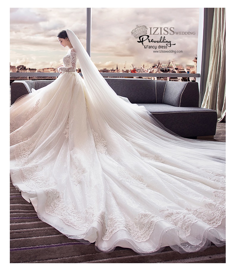 BR335 **พรีออเดอร์**ชุดแต่งงาน&ชุดเจ้าสาวแบบยาวอลังการ สีขาวเกรดพรีเมี่ยม หรูหราน่ารัก สวยโดดเด่นไม่ซ้ำใคร