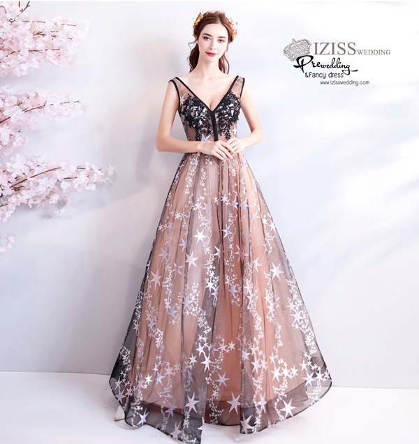 DL075 - **พรีออเดอร์** ชุดราตรี เดรสยาวออกงาน (Night party dresses) ชุดไปงานแต่งงานสวยๆ "ธีมสีกรมแต่งดอก 3D"