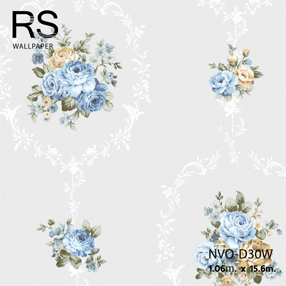 วอลเปเปอร์ ลายดอกไม้วินเทจใหญ่สีฟ้า พื้นเทา ระยะห่างดอกไม้14cm. NVO-D30W