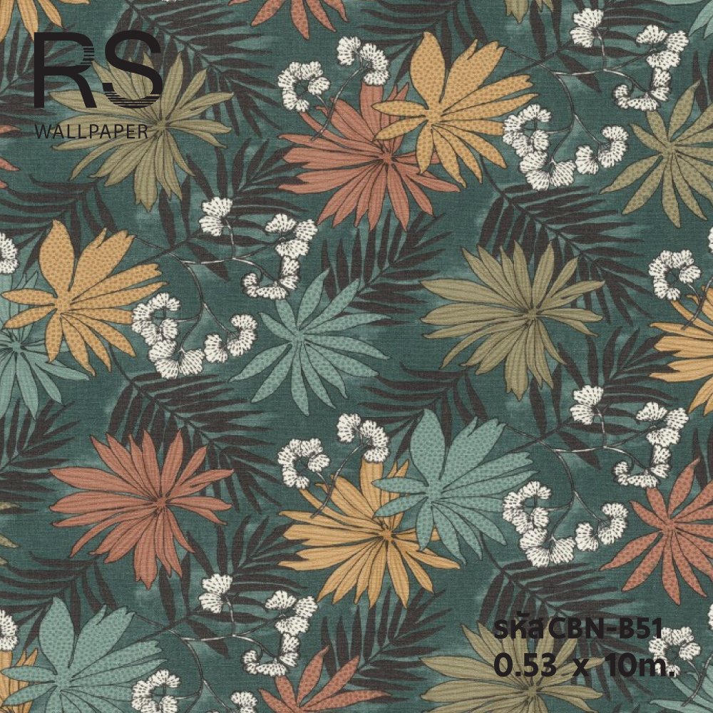 วอลเปเปอร์ลายใบไม้สีเขียว ส้ม พื้นเขียวแก่ (Tropical Style) CBN-B51