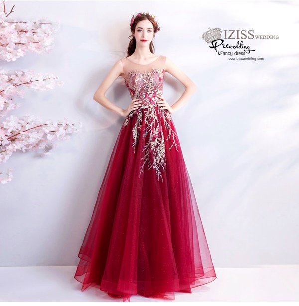 DL077 - **พร้อมส่งXL** ชุดราตรี เดรสยาวออกงาน (Night party dresses) ชุดไปงานแต่งงานสวยๆ "ธีมสีแดงแต่งดอก 3D"