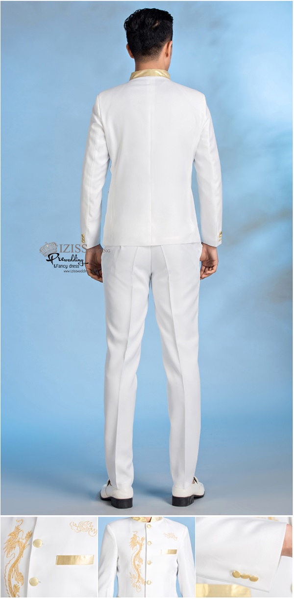 ST087 **พรีออเดอร์**สูทจีนผู้ชายสีขาวคอสีทอง แขนยาวปักลายมังกรสีทอง ติดกระดุมสีทอง พร้อมกางเกงสีขาวขาสอบ ชุดสูทเจ้าบ่าว สูทแฟนซี ถ่ายพรีเวดดิ้ง & ชุดแต่งงานแฟนซี (Fancy wedding dress) สูทผู้ชายสีขาว