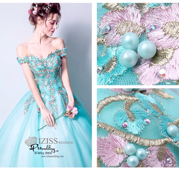 DL038 - **พรีออเดอร์** ชุดราตรี เดรสยาวออกงาน (Night party dresses) ชุดไปงานแต่งงานสวยๆ "ธีมสีเขียวมินท์ปักดอกสวย"