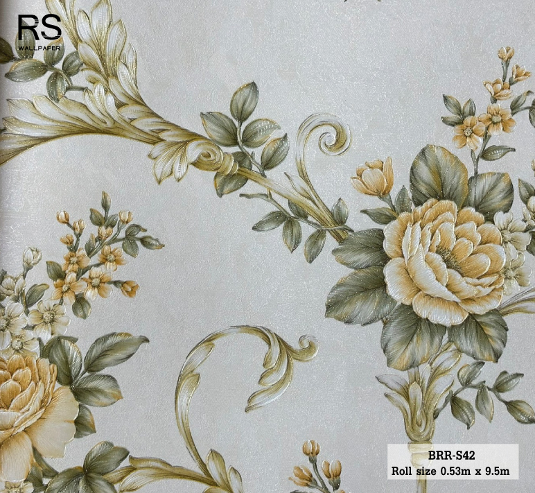 วอลเปเปอร์ ลายดอกไม้วินเทจสีเหลืองทอง พื้นสีครีม BRR-S42