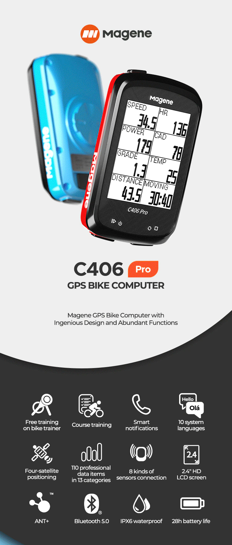 ไมล์จักรยานแบบ Magene C406Pro GPS Bike Computer Speedometer Odometer Cycling Training