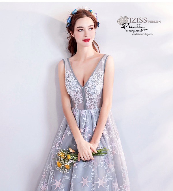 DL074 - **พรีออเดอร์** ชุดราตรี เดรสยาวออกงาน (Night party dresses) ชุดไปงานแต่งงานสวยๆ "ธีมสีฟ้าแต่งดอก 3D"