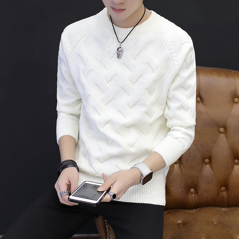 พร้อมส่ง เสื้อไหมพรมผู้ชาย สีขาว คอกลม ถักลายนูนด้านหน้าและหลัง แขนยาว ใส่กันหนาว
