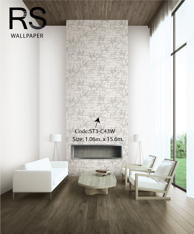 วอลเปเปอร์ลายใบไม้สีขาวอมสีเทาอ่อนเลื้อยบนพื้นหิน ST3-C43W