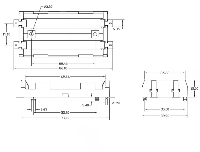 รางถ่าน 18650 สองก้อนอิสระ ขั้วทองเหลือง
