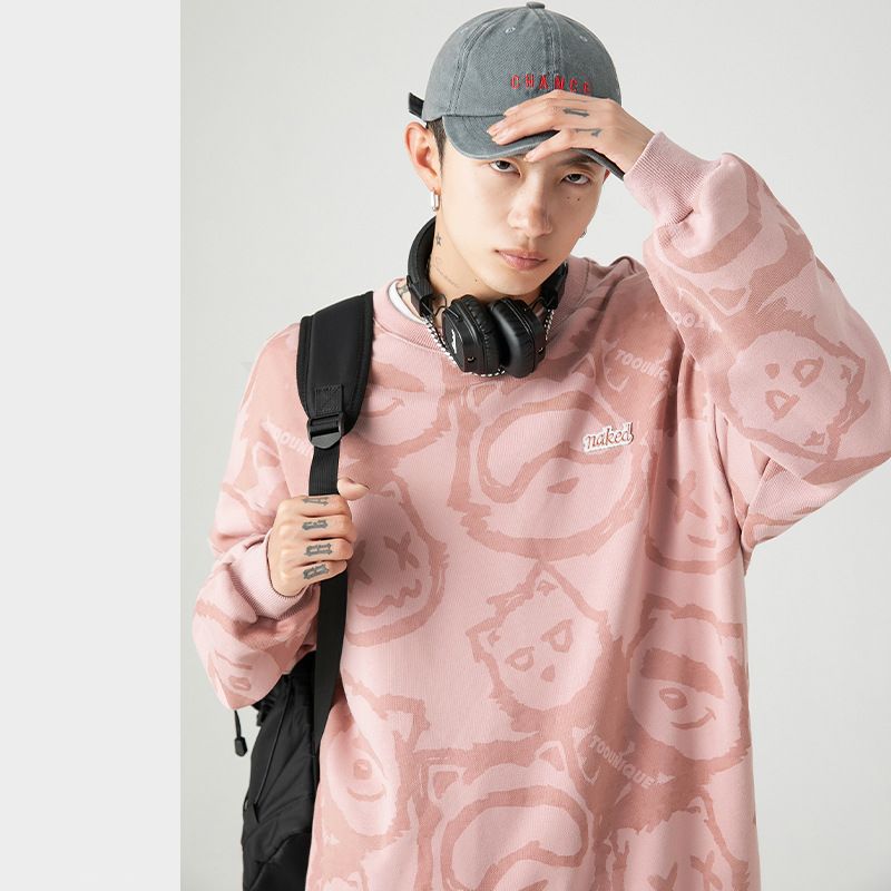 พร้อมส่ง เสื้อสเวตเตอร์ผู้ชาย สีชมพู คอกลม แขนยาว พิมพ์ลาย เสื้อกันหนาว