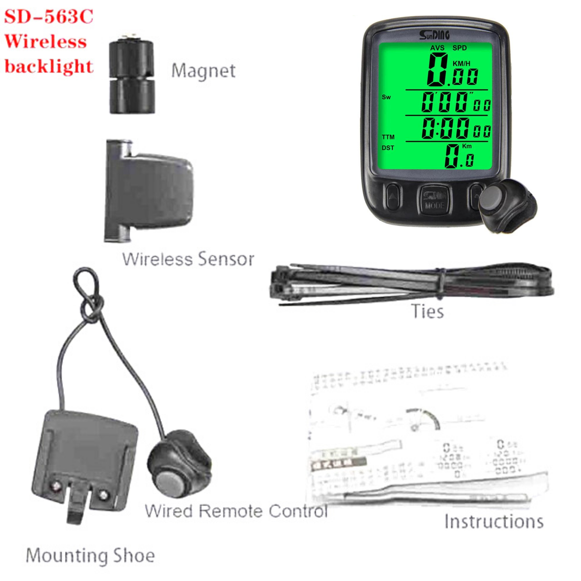 ไมล์วัดความเร็วจักรยานไร้สาย มีไฟ ไร้สาย มีรีโมต SUNDING SD-563C