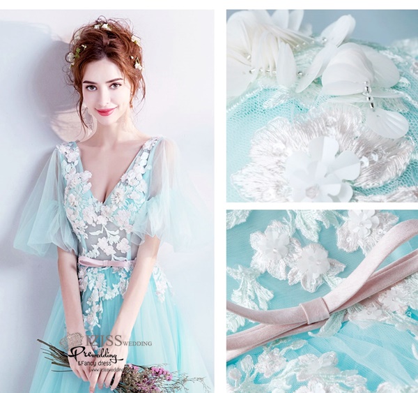 DL018 - **พรีออเดอร์** ชุดราตรี เดรสยาวออกงาน (short dresses) ชุดไปงานแต่งงานสวยๆ "ธีมสีเขียวมินท์"