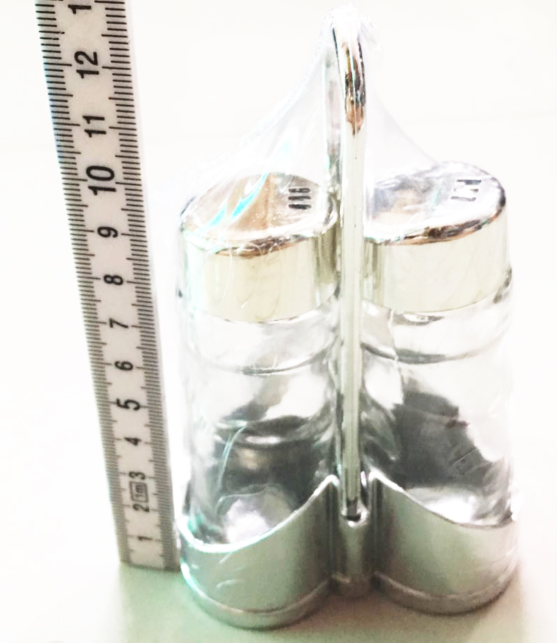 กระปุกพริกไทย 2 ชิ้น+ที่วางเมนู (แก้ว) 13 ซม.