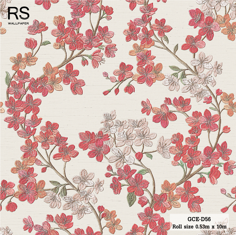 วอลเปเปอร์ ลายดอกไม้สีแดงส้ม พื้นสีเทาอ่อนอมน้ำตาล เนื้อวอล์เลียนแบบผ้าไหม GCE-D56