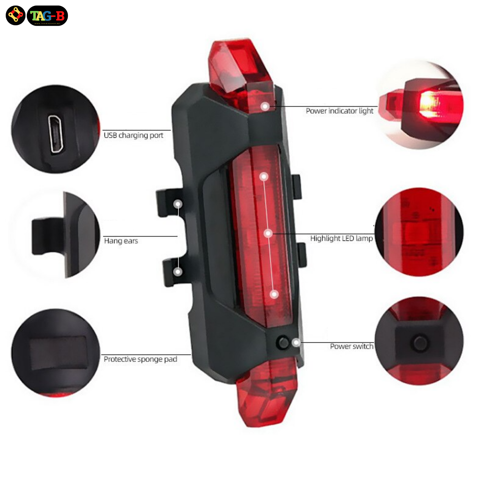 ไฟท้ายจักรยาน ชาร์จ USB LIGHT THAIBIKE SJ-20051 แบบชาร์จไฟ