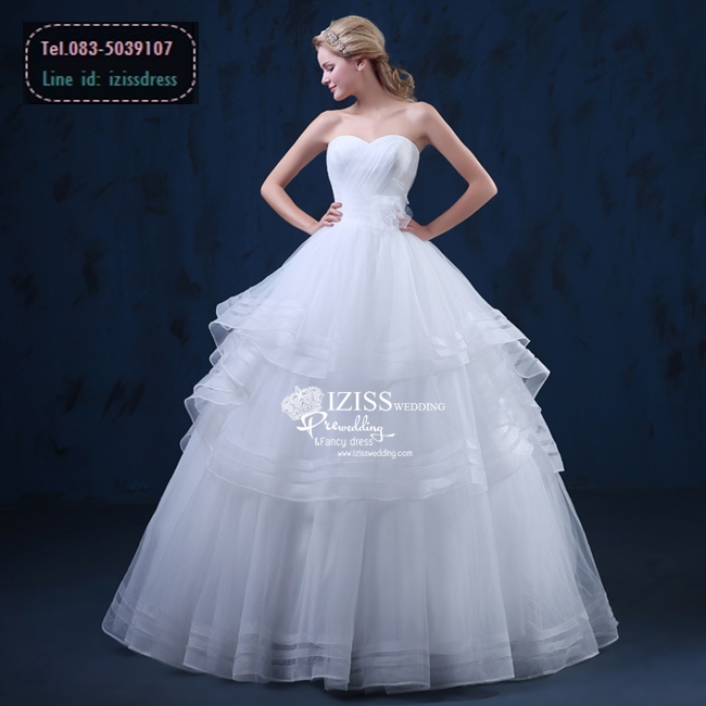 BR177 **พรีออเดอร์**ชุดแต่งงาน&ชุดเจ้าสาวเกาะอกแบบยาวสีขาวเกรดพรีเมี่ยม ดีเทลแทร็ปผ้าตาข่ายโปร่งช่วงอก ช่วงเอวตกแต่งด้วยดอกไม้ผ้า กระโปรงช่วงบนบานเป็นชั้นๆ เรียบหรูน่ารัก สวยโดดเด่นไม่ซ้ำใคร