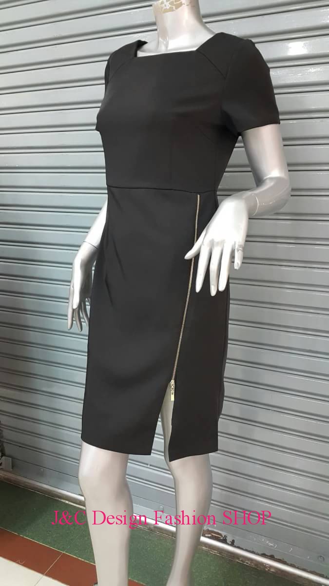 เดรสสีดำสไตน์เกาหลี ชุดแซกสีดำแต่งซีฟงานผ้านำเข้า ชุดผ้าไทยผ้าพื้นเมืองสีดำ