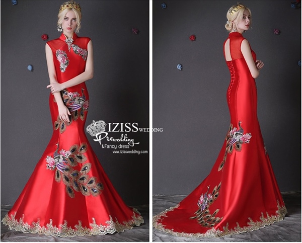 PW434- **พรีออเดอร์สีเขียวและสีแดง**ชุดกี่เพ้ายาว ชุดยกน้ำชา ชุดถ่ายพรีเวดดิ้ง (prewedding dress) & ชุดแต่งงานแฟนซี (Fancy wedding dress) "ธีมสีเขียว"