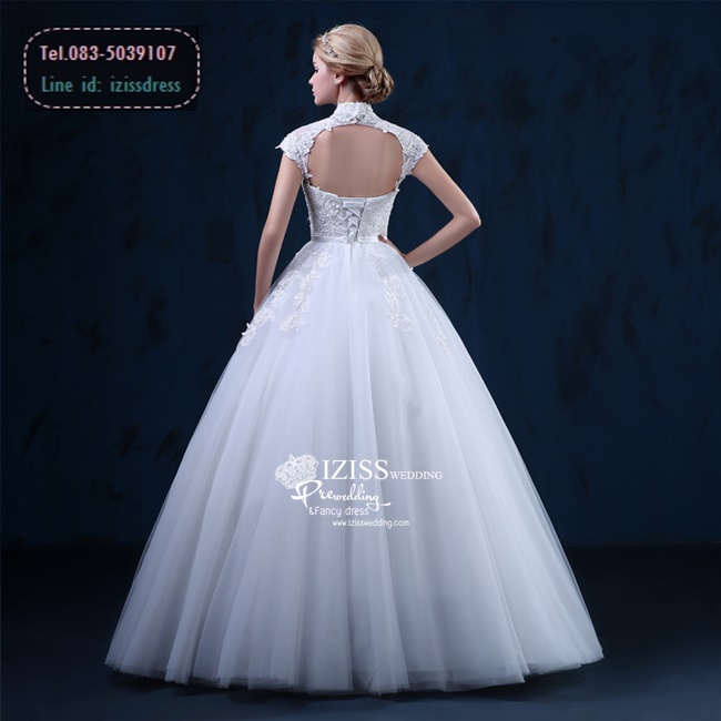 BR167 **พรีออเดอร์**ชุดแต่งงาน&ชุดเจ้าสาวแบบยาวสีขาวเกรดพรีเมี่ยม แขนสั้น ตกแต่งดีเทลลูกไม้ช่วงคอและข้างแขน ซีทรูช่วงไหล่และเนินอก ติดโบว์ช่วงเอว หรูหราน่ารัก สวยโดดเด่นไม่ซ้ำใคร