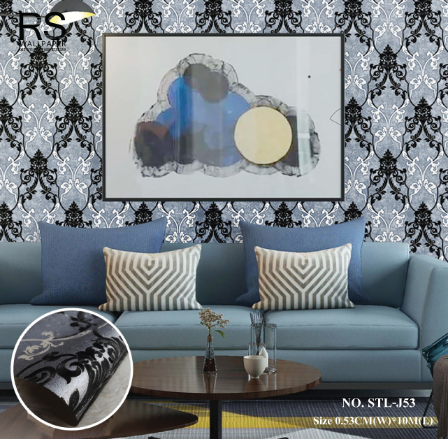 วอลเปเปอร์ ลายหลุยส์สีขาวดำ พื้นสีเทาเงิน No.STL-J53