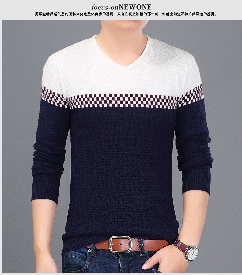เสื้อไหมพรมผู้ชาย สีน้ำเงินกรมท่า คอวี แขนยาว แต่งลายเท่ห์ สเวตเตอร์ผู้ชาย ผ้ายืดหยุ่นได้ดี ใส่กันหนาว ใส่ไปเที่ยวต่างประเทศได้ ใส่เดี่ยวหรือทับด้วยโค้ทอีกที