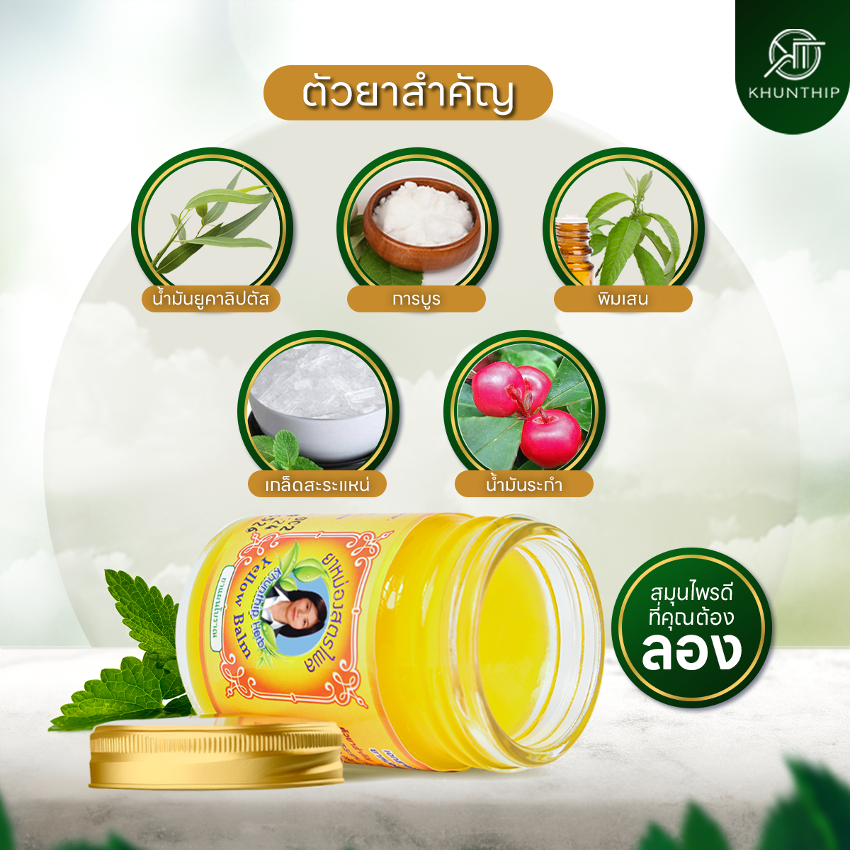 ยาหม่องผสมไพล (Khunthip Compound Plai Balm) ยาหม่องสีเหลือง ตราคุณทิพย์ ขนาด 50 กรัม
