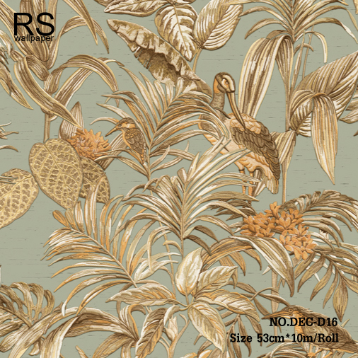 วอลเปเปอร์ใบไม้ต้นไม้ธรรมชาติมีนกพื้นผ้าไหมสีเขียวโอลีฟ (Tropical style) DEC-D16