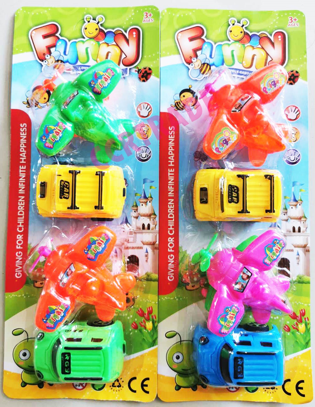 เครื่องบิน+รถจิ๊บสีสด 4 ชิ้นแผง 31 ซม.