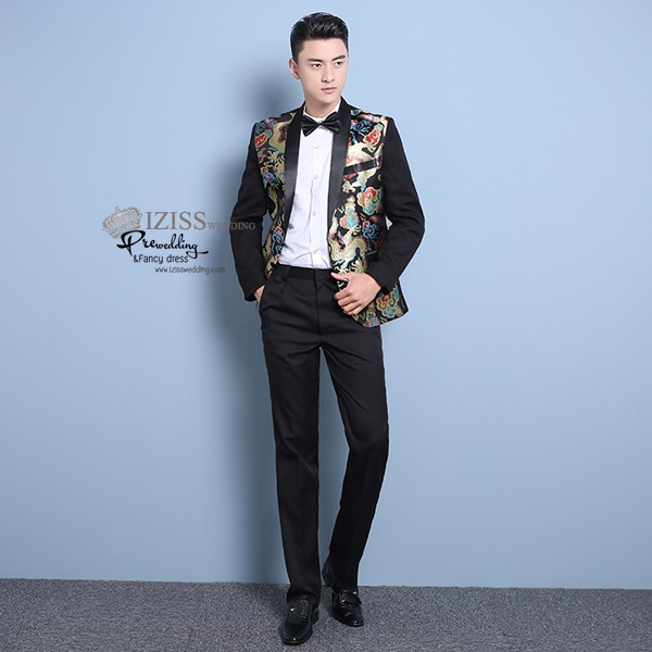 ST096 **พรีออเดอร์**สูทจีนผู้ชายสีดำแขนยาว ลายมังกรสีทอง ติดกระดุม พร้อมกางเกงสีดำขาสอบ ชุดสูทเจ้าบ่าว สูทแฟนซี ถ่ายพรีเวดดิ้ง & ชุดแต่งงานแฟนซี (Fancy wedding dress) สูทผู้ชายสีดำ