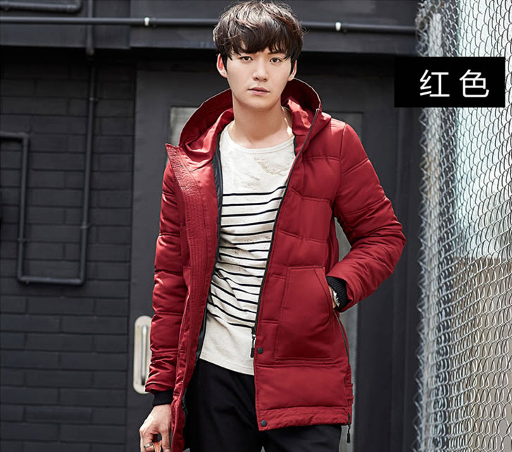 พร้อมส่ง เสื้อโค้ท ผู้ชาย สีแดง เสื้อกันหนาว ตัวยาว มีฮู้ด ซิปหน้าเต็มตัว มีซับใน