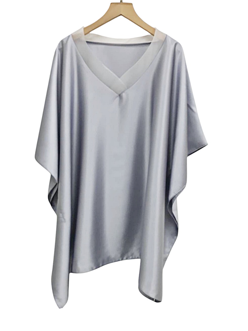 MT24-1155 เครปซาตินคอวีแก้วทรงผีเสื้อ อก 56 นิ้ว สีเทา สวยสไต์คุณนาย เสื้อผู้ใหญ่