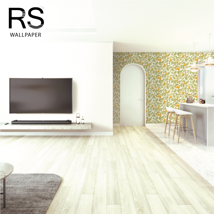 วอลเปเปอร์ลายกิ่งไม้มีลูกผลไม้สีเหลืองทองบนพื้นสีขาว (Tropical style) BES3-B40W